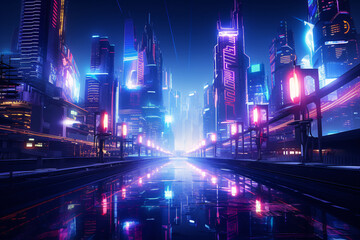 Futuristic Neon Cyberpunk Cityscape. Night City in Neon Lights - obrazy, fototapety, plakaty