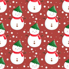 Seamless pattern with christmas snowman on red wallpaper