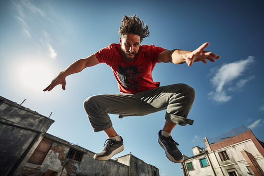 Urban Agility: Athletic Man Engaging in Parkour Trickery and Freerunning