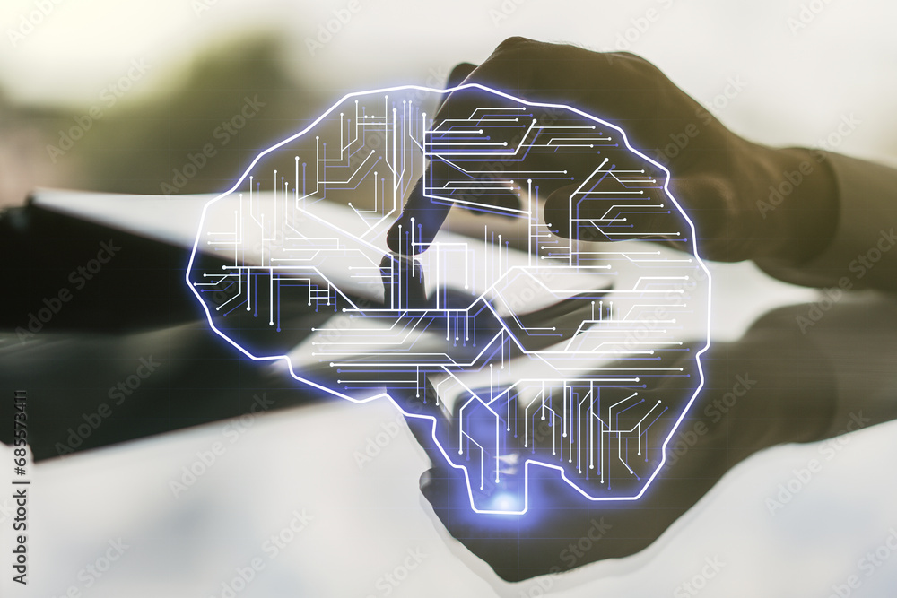 Aufkleber creative artificial intelligence concept with human brain hologram and finger clicks on a digital ta