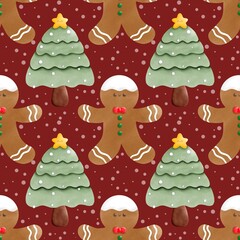 Seamless pattern with christmas trees on red wallpaper