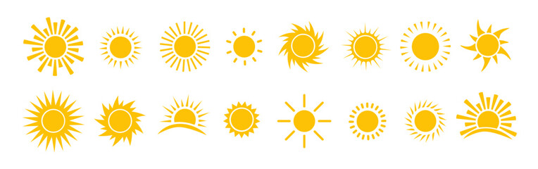 Sun icon vector set. Flat design. Collection of sun stars. Logo or weather icon