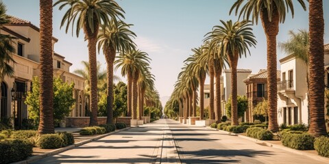 Palm-lined street in a sunny town - obrazy, fototapety, plakaty