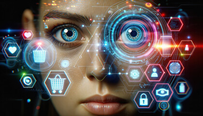 Close-up of a woman with augmented reality digital interface around eye, showcasing advanced technology