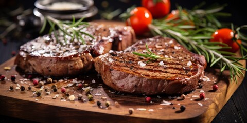 Seasoning steaks on a cutting board