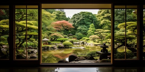 Japanese garden view from a traditional window