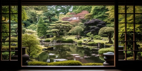 Japanese garden view from a traditional window