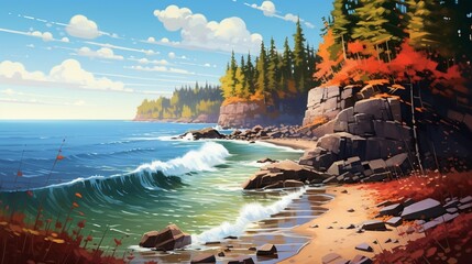 An autumn coastal scene with colorful foliage on the cliffs and a peaceful, rocky beach below.