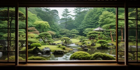 Japanese garden view from a traditional window - Powered by Adobe