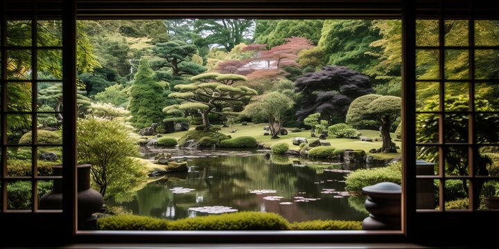 Fototapeta Japanese garden view from a traditional window