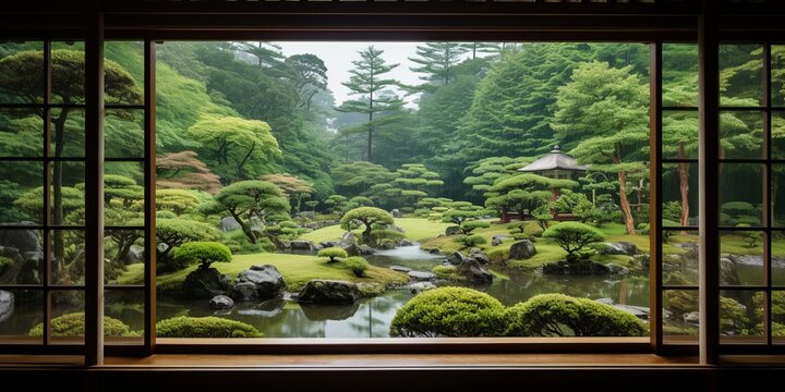 Fototapeta Japanese garden view from a traditional window