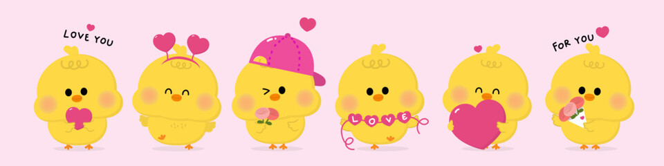 Happy Valentine's Day, 14 February with cute chick and pink hearts. Animal in love holidays. -Vector