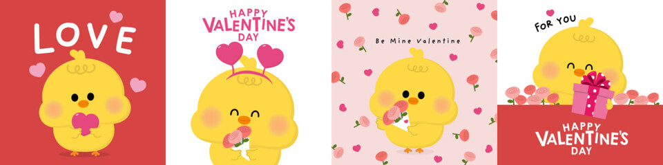 Happy Valentine's Day, 14 February with cute chick and pink hearts. Animal in love holidays. -Vector - obrazy, fototapety, plakaty