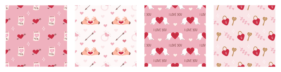 Set of seamless patterns for Valentine's Day. Romantic vector backgrounds. Ornament for postcards, wallpapers, wrapping paper