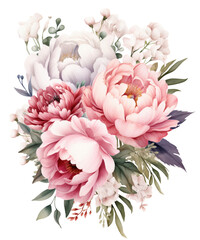 Pastel Peony Bouquets Watercolor Clipart, Watercolor Floral Sublimation Art, Transparent Background, transparent PNG, Created using generative AI