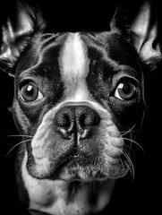 Black and white portrait of a Boston terrier