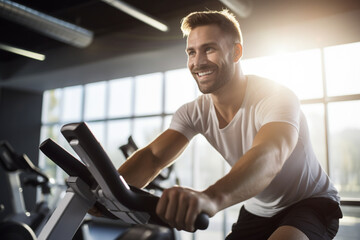 Fototapeta na wymiar Wellness Ride: Young Man Excelling in Cardio Goals on Exercise Bike