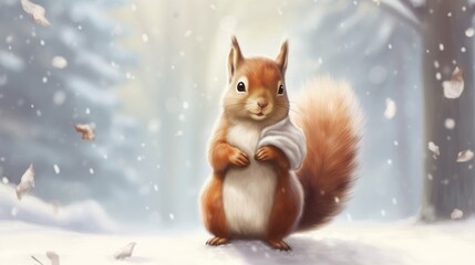 Whimsical Winter: Squirrels in Scarves on a Snowy Morning. Cute Minimalistic Illustration. - obrazy, fototapety, plakaty
