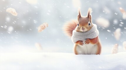 Snowy Morning Squirrels: Cute and Clueless in Scarves. Minimalistic and Detailed Winter Scene. - obrazy, fototapety, plakaty