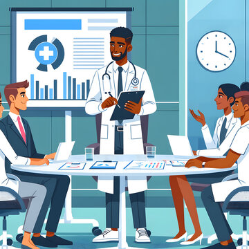 Clipart of a Black male doctor participating in a healthcare policy development meeting. He is wearing a white lab coat, holding a clipboard, and acti.png Generative AI