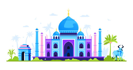 Sacred places and attributes of India - modern colored vector illustration