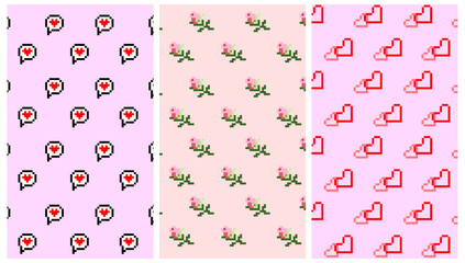 set of pixel art card for valentine day, roses, hearts, love, bubble speech