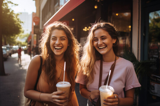 City Sips: Female Friends Enjoying Iced Coffee on a Vibrant City Street