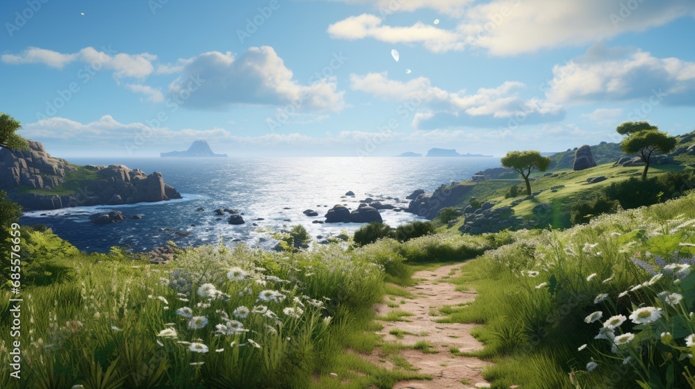 Poster an idyllic coastal meadow with a path leading to a cliff edge, offering expansive views of the ocean