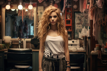 Fototapeta premium Female Hairdresser Stands Ready in Salon Ambiance