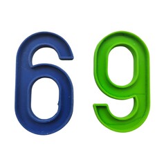 Plastic numbers 6 and 9 in green and blue, isolated on white background, ideal for educational or...