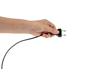 Electric plug on white background. Hand with plug isolated on transparent background.