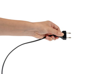 Electric plug on white background. Hand with plug isolated on transparent background.