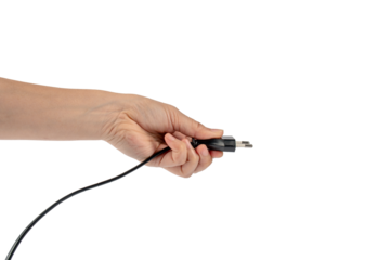 Electric plug on white background. Hand with plug isolated on transparent background.