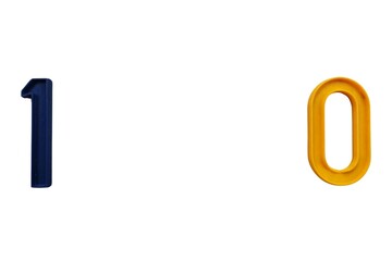 Minimalist design featuring the numbers 1 and 0 in bold blue and yellow on a clean white...
