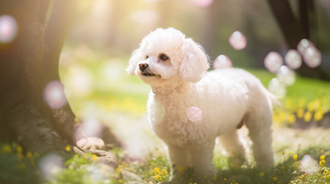 Poodle caniche puppy dog on blurred abstract bokeh flare grass background