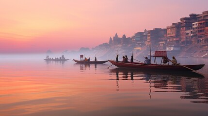 A calm morning on the Ganges River in Varanasi, India, with traditional boats and the city's historic ghats in view.