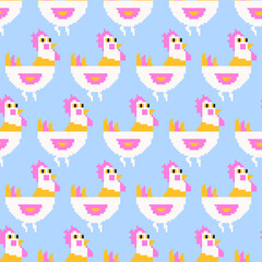 Cute seamless pattern with roosters. Vector print, design, background, wrapping paper. Pixel art