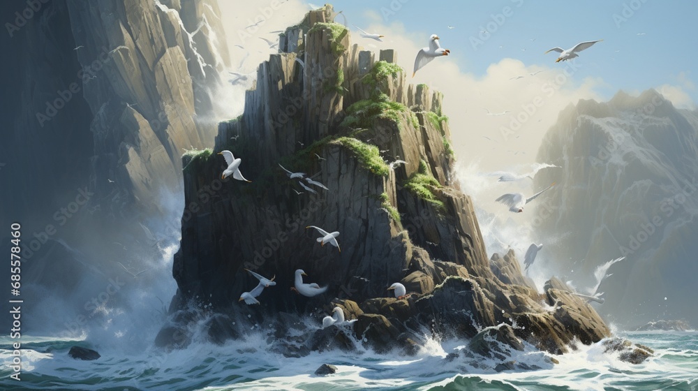 Aufkleber a close-up of a coastal sea stack, with nesting seabirds and waves crashing at its base.