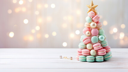 Christmas background with decorative Christmas tree with copy space. Sweet macaroons arranged in a Christmas tree with a star on the top.