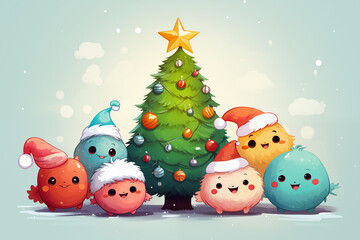 Cute Christmas tree with cute monsters