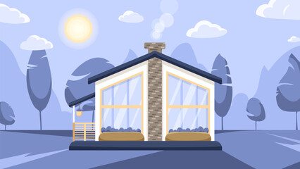 Cozy house illustration. A cozy countryside cottage in nature surrounded by trees. A cottage exterior cartoon vector illustration.