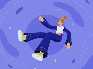 Women floating in space.  A woman floating in space, dreaming, flying in outer space, the universe. Relaxation and mind exploration concept. Vector illustration in flat cartoon style.