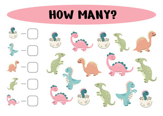 How many dinosaurs are there? Count the number of dinosaurs. Counting Game for Preschool Children. Vector Illustration