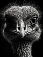 Black and white portrait of an ostrich 