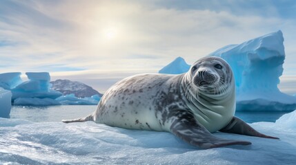 A peaceful scene of a seal basking on an ice floe under the soft Antarctic sunlight, symbolizing the tranquility of the wildlife. - obrazy, fototapety, plakaty