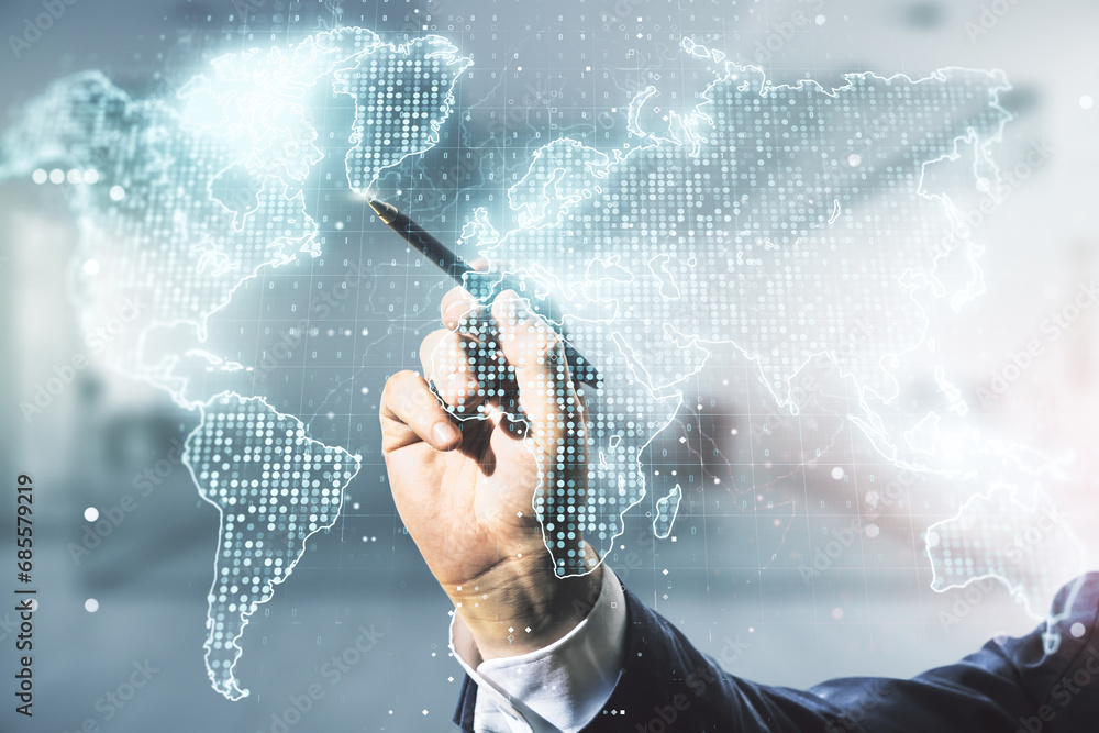 Poster multi exposure of man hand with pen working with abstract graphic world map on blurred office backgr