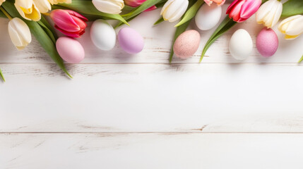 Spring tulips and colorful Easter eggs on the white wooden background top view. Stylish spring template with space for text. Greeting card or banner