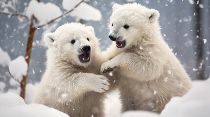 AI generated illustration of two polar bear cubs playing in the snow - obrazy, fototapety, plakaty