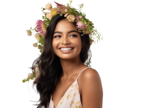 Natural Woman with Floral Wreath Smiling