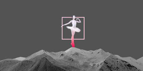 Elegant young girl, ballerina in tutu dancing over monochrome mountain background with abstract design element. Contemporary art collage. Concept of classical dance, abstract art, surrealism